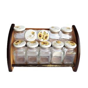 suport pentru condimente cu borcanele, pictat manual cu floarea soarelui