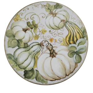 platou rotund din lemn pictat cu dovlecei decorativi