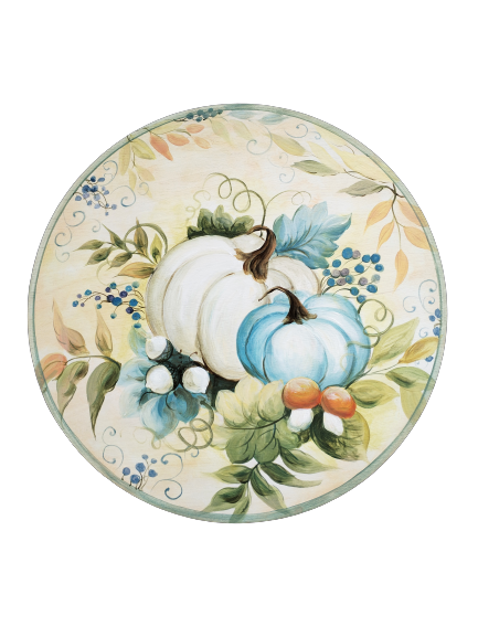 platou rotund din lemn pictat cu dovlecei