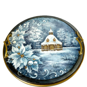 tava pictata cu peisaj de iarna