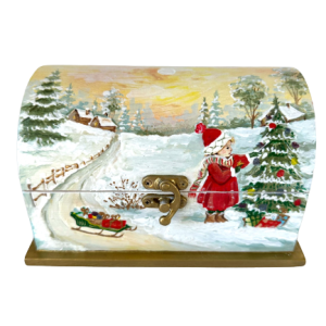 Cutie tip cufar pictata manual cu peisaj de iarna