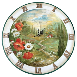 Ceas pictat cu peisaj de padure si flori