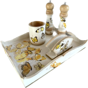 set bucatarie pictat cu fluturi galbeni