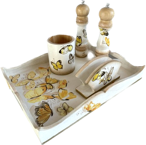 set bucatarie pictat cu fluturi galbeni