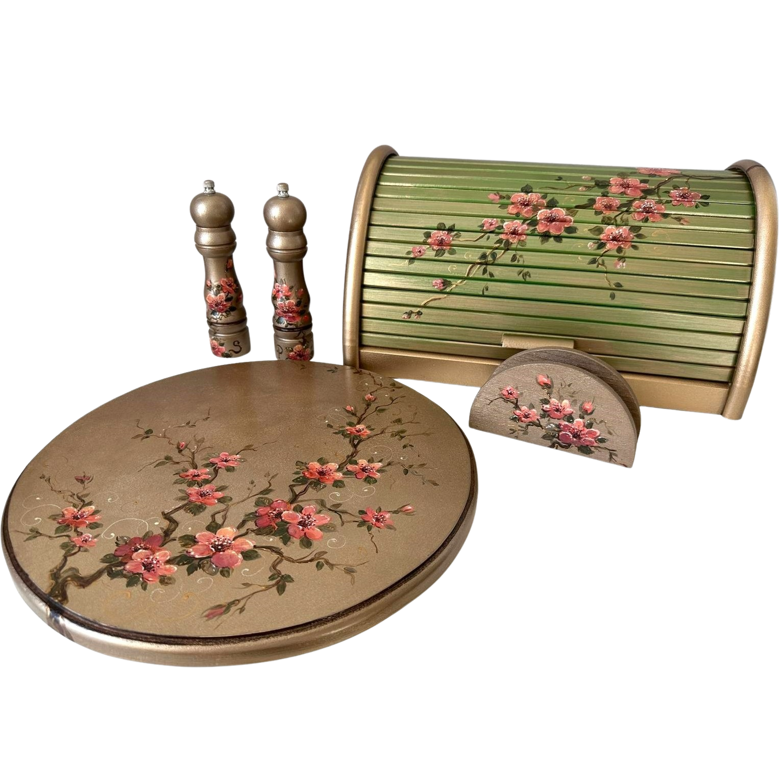 set bucatarie pictat cu flori de cires